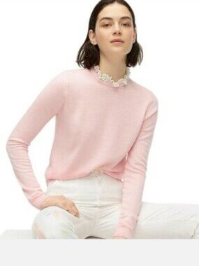J. Crew Tippi Merino Wool Coquette Crochet Lace Neck Pink Sweater Sz M